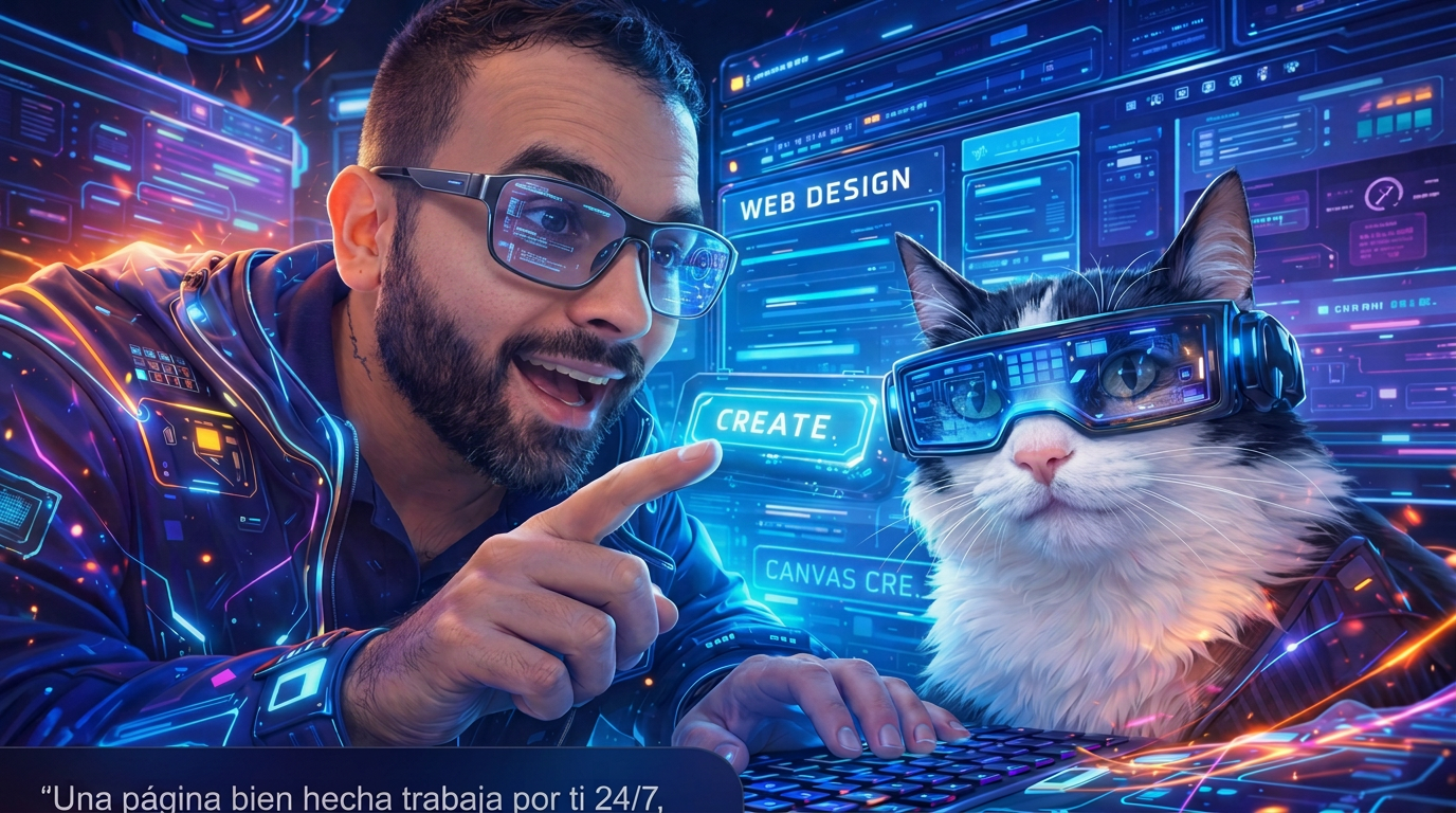 Juan diseñando páginas web en un entorno digital futurista