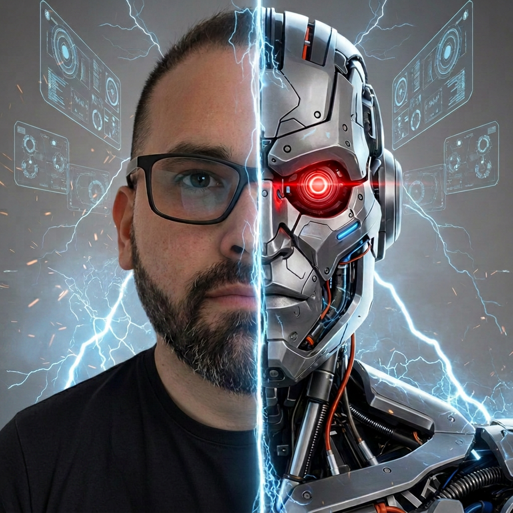 Retrato mitad humano mitad inteligencia artificial representando estrategia digital